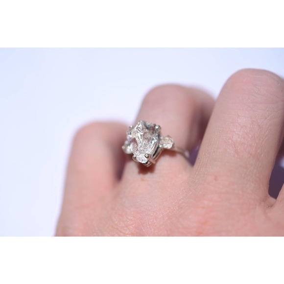 Three Stone Raw Diamond Engagement Ring, Rough Diamond Wedding Band, - Picture 2 of 3